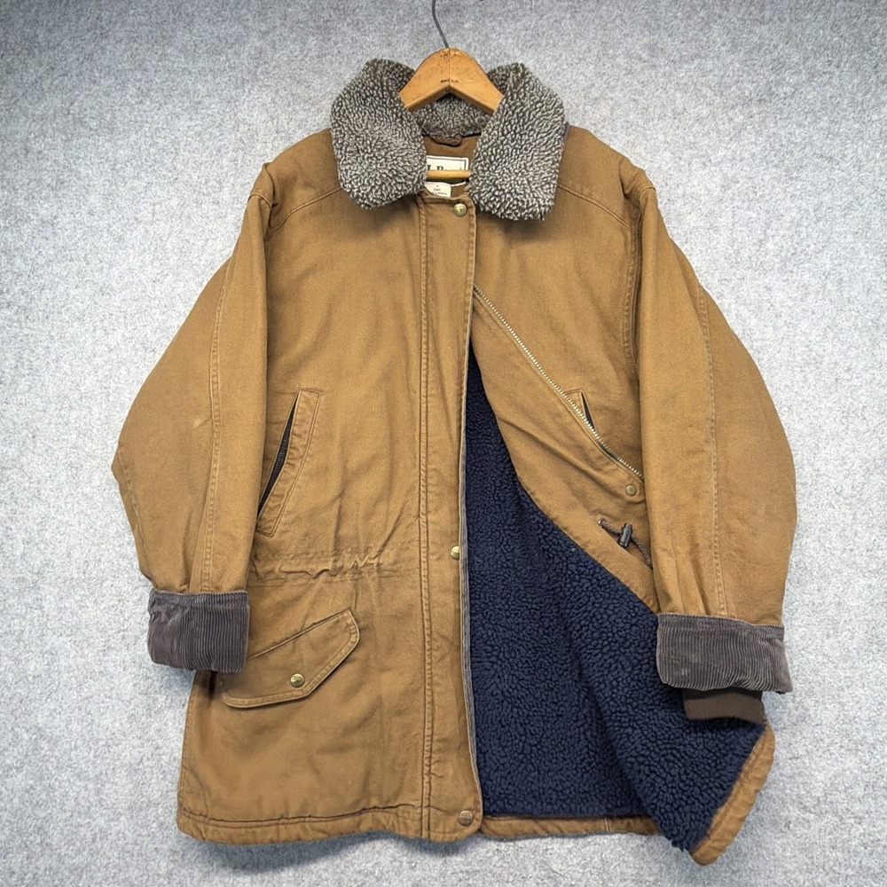 Vintage LL Bean Coat Womens Medium Brown Canvas Sherpa Lined Barn Chore USA 80s